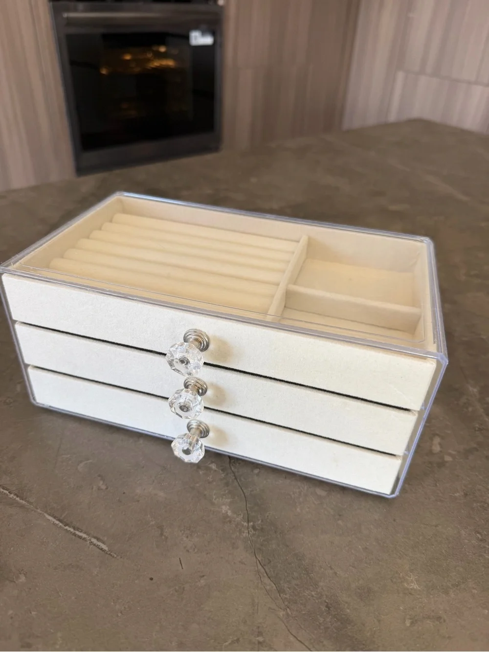 Beige Velvet Jewelry Organizer with Clear Lid